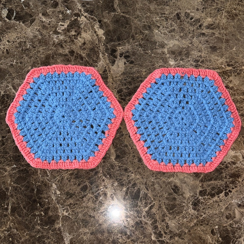 Vintage Handmade Blue Coral Boho Crochet Hexagon Coaster/Doilies/Trivet Set of 2